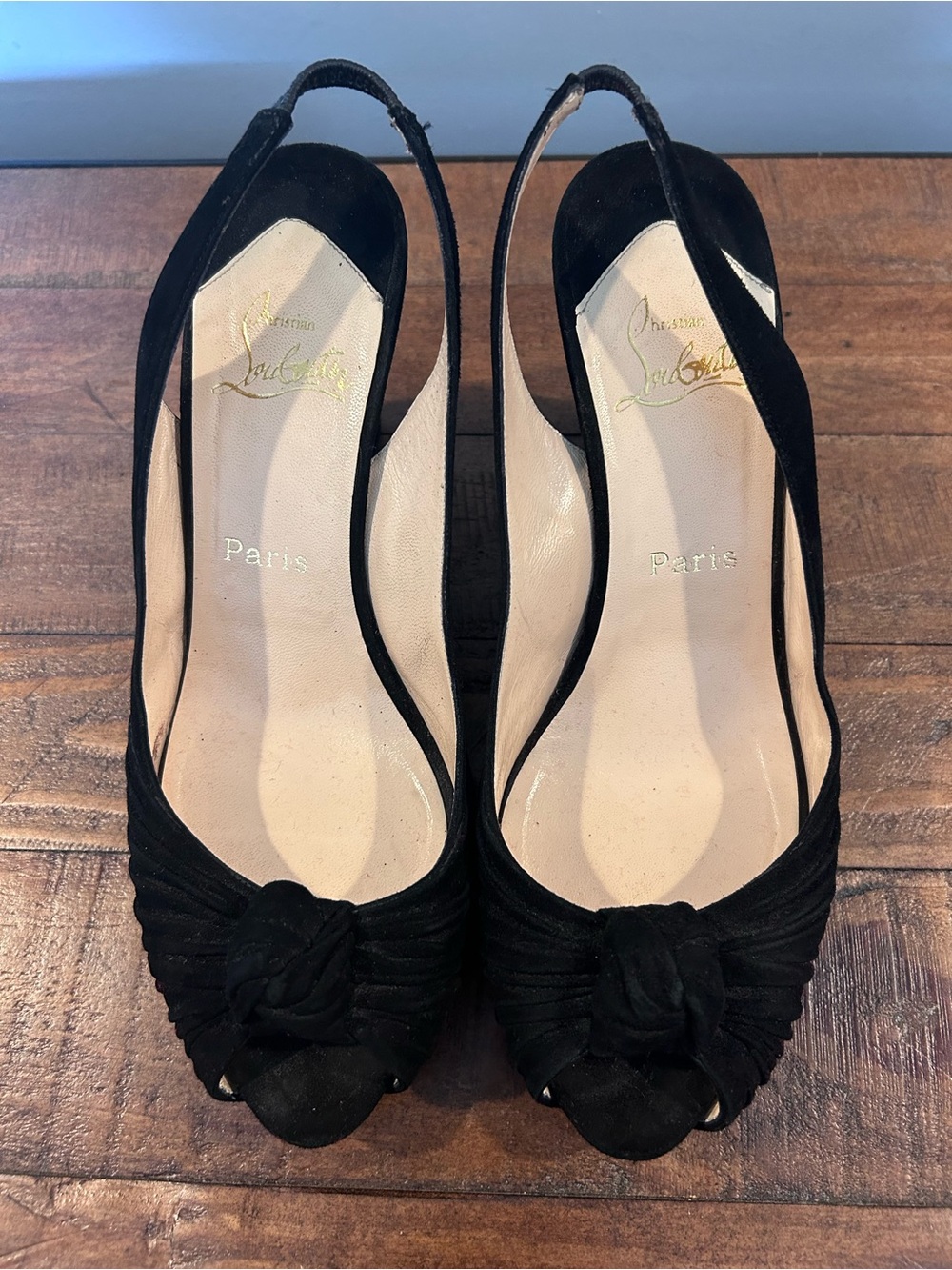 Christian Louboutin Black Suede Wedge Slingback Knot Peep-Toe.Size 40.5 See Note